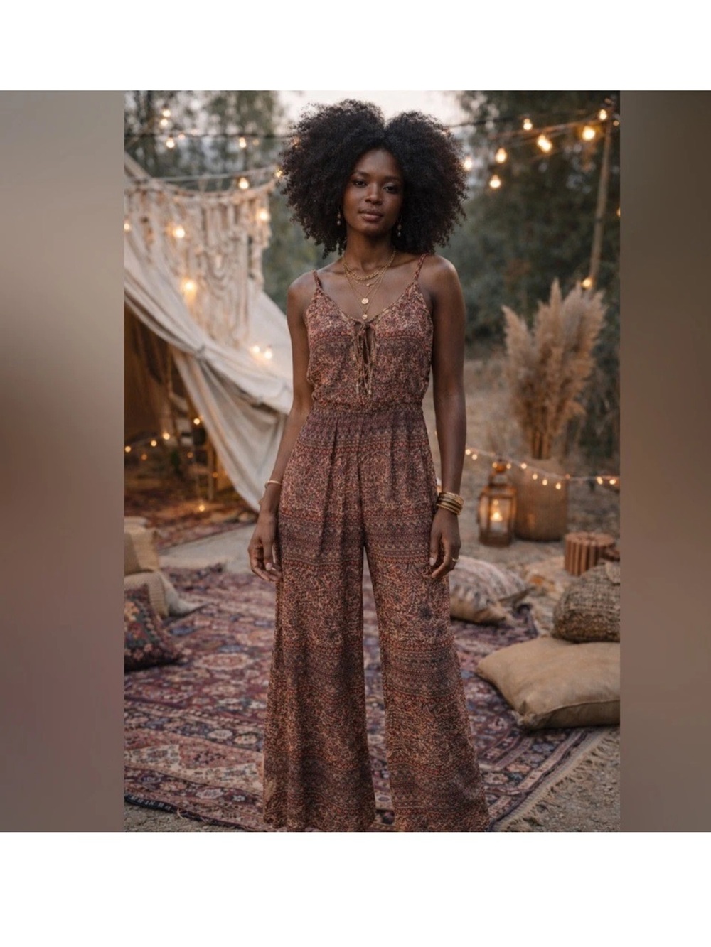 Boho Brown Printed Wide-Leg Jumpsuit